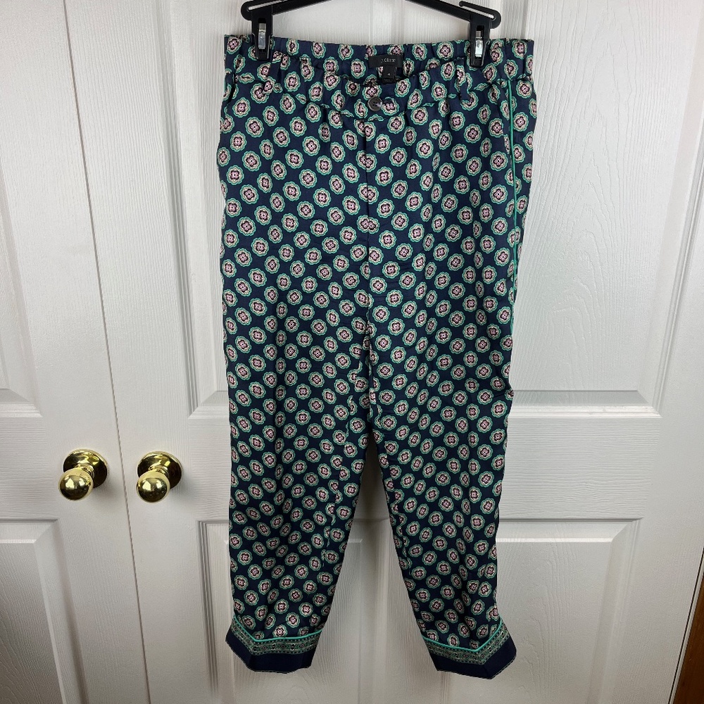 J.Crew Foulard Medallion Cropped Silk Pants Blue Green Size 4